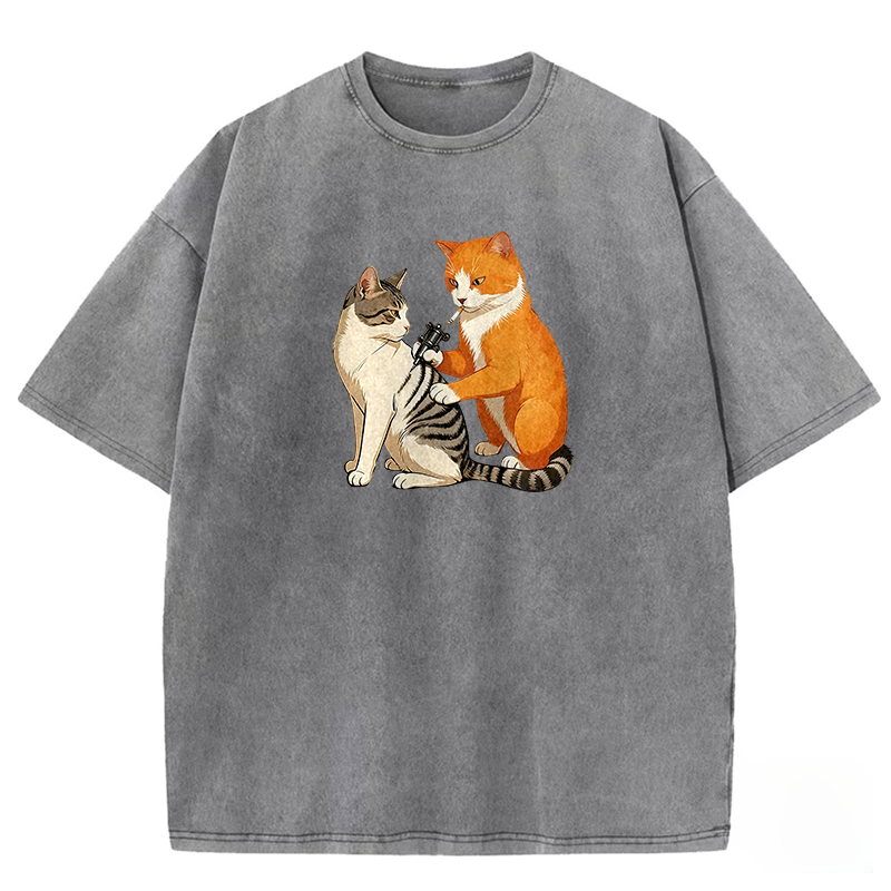 Feline Tattooist Washed T-shirt