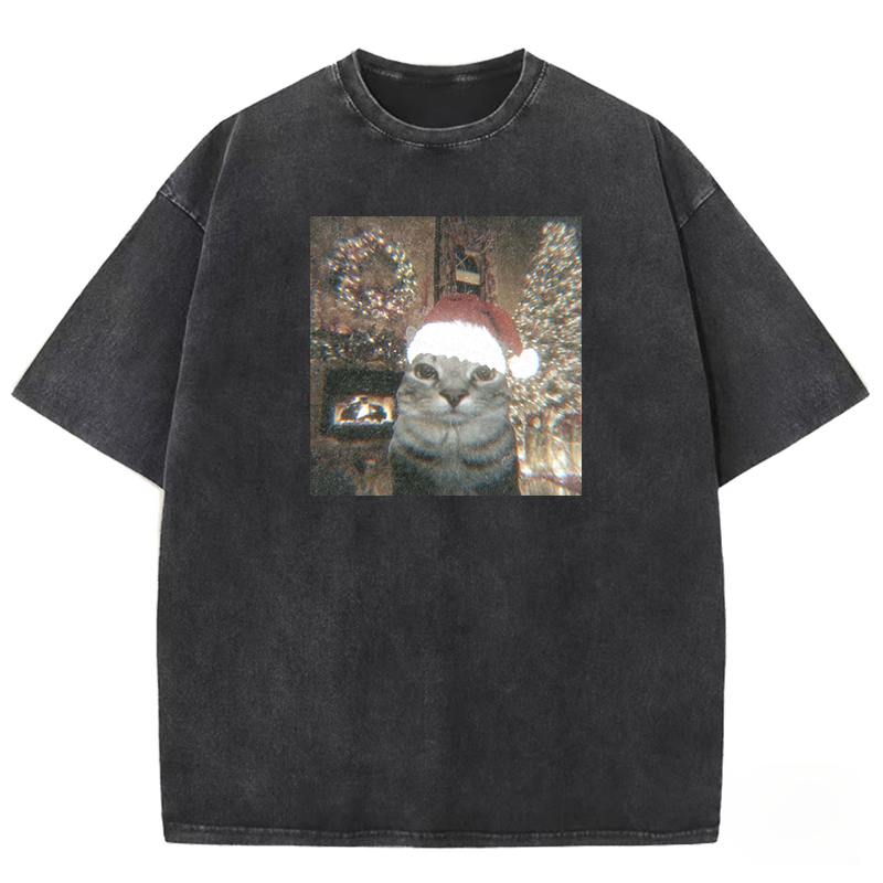 Glitchy Xmas Cat Washed T-shirt