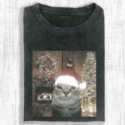 Glitchy Xmas Cat Washed T-shirt