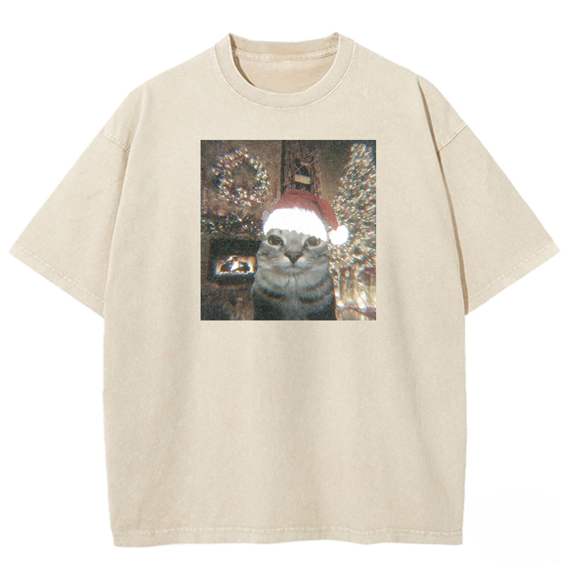 Glitchy Xmas Cat Washed T-shirt