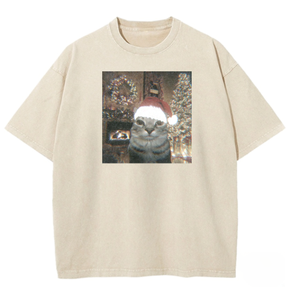 Glitchy Xmas Cat Washed T-shirt