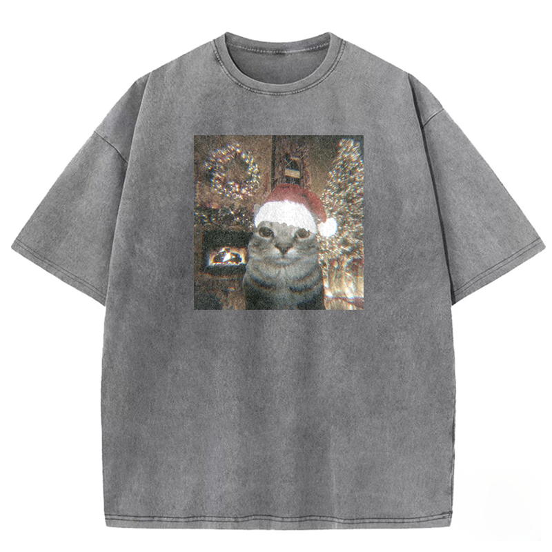 Glitchy Xmas Cat Washed T-shirt