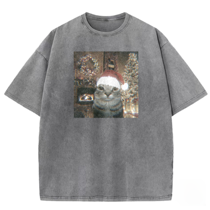 Glitchy Xmas Cat Washed T-shirt
