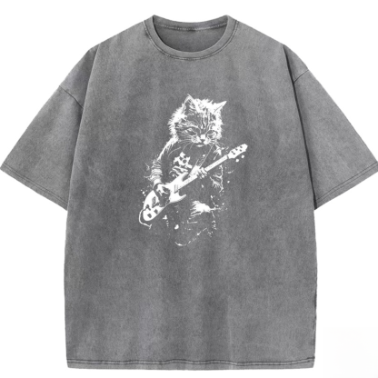 Funny Cat Playing Guitar Washed T-shirt