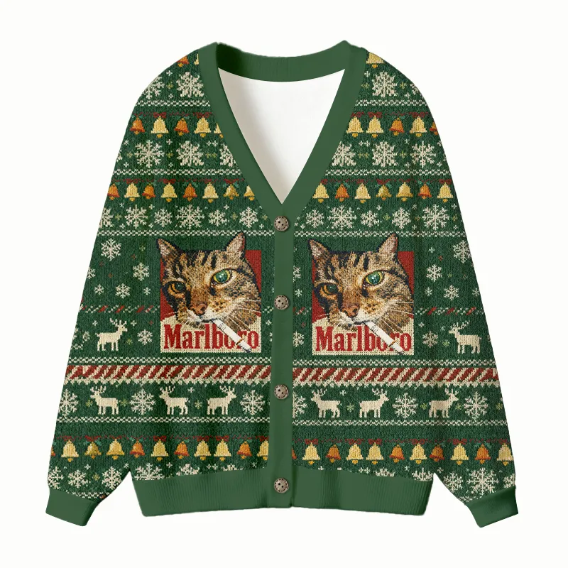 Green Funny Smoking Cat Meme Ugly Cardigan Sweater