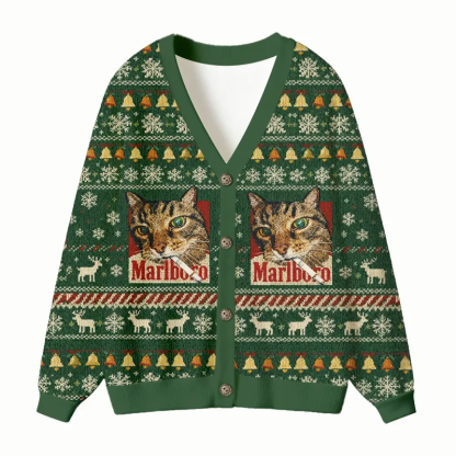 Green Funny Smoking Cat Meme Ugly Cardigan Sweater