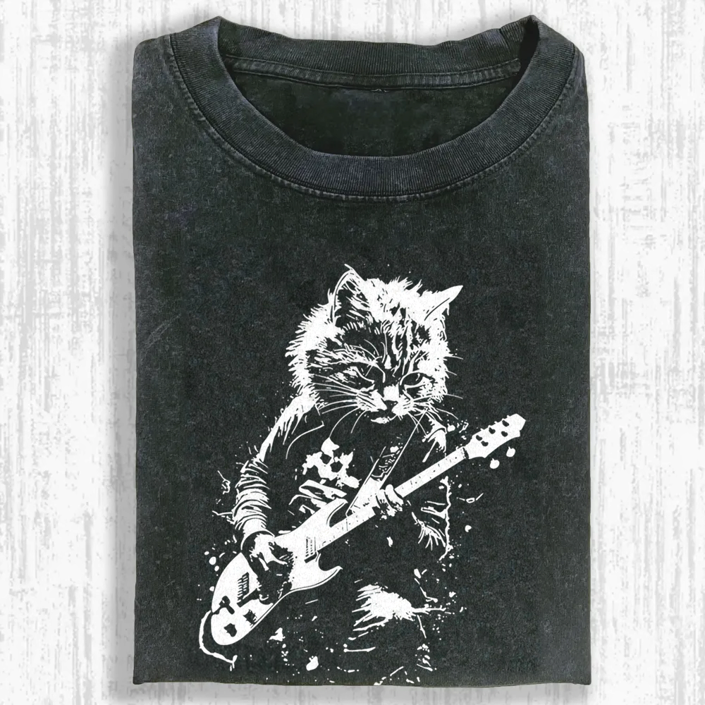 Funny Cat Playing Guitar Washed T-shirt