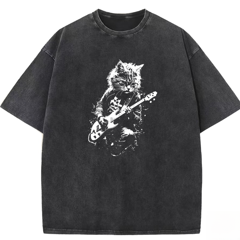 Funny Cat Playing Guitar Washed T-shirt