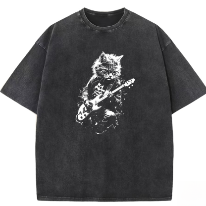 Funny Cat Playing Guitar Washed T-shirt