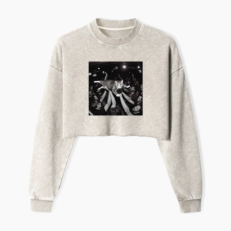 Funny Cat Party Washed Crop Sweatshirt