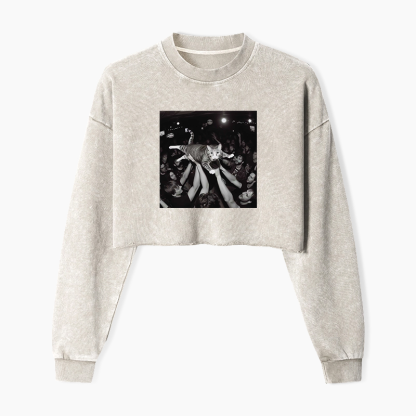 Funny Cat Party Washed Crop Sweatshirt