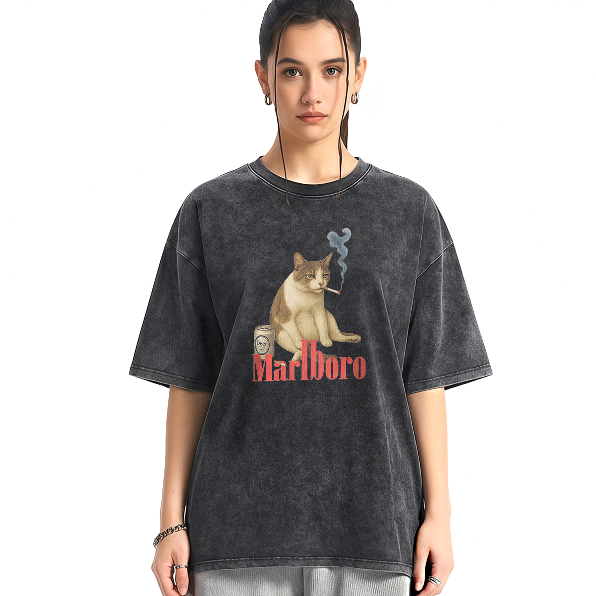 Melancholy Smoking Cat Washed T-shirt