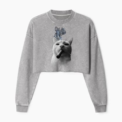 Bossy Cat Smoking Cigar Washed Crop Sweatshirt