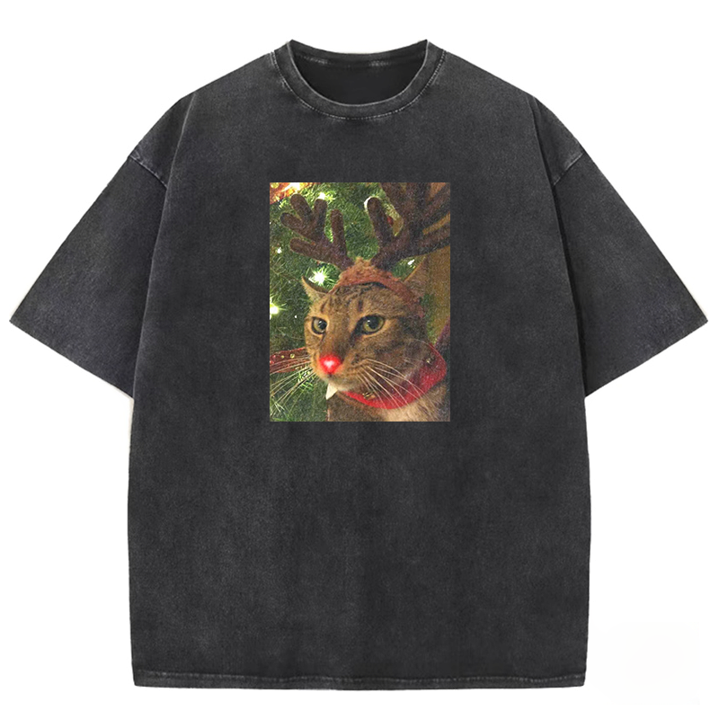 Reindeer Cat Xmas Washed T-shirt