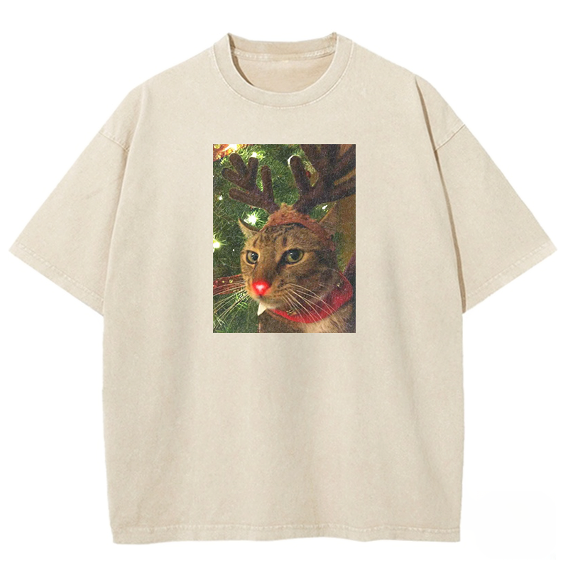 Reindeer Cat Xmas Washed T-shirt