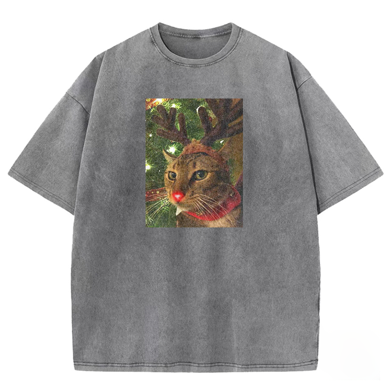 Reindeer Cat Xmas Washed T-shirt