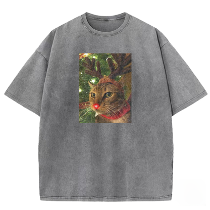 Reindeer Cat Xmas Washed T-shirt