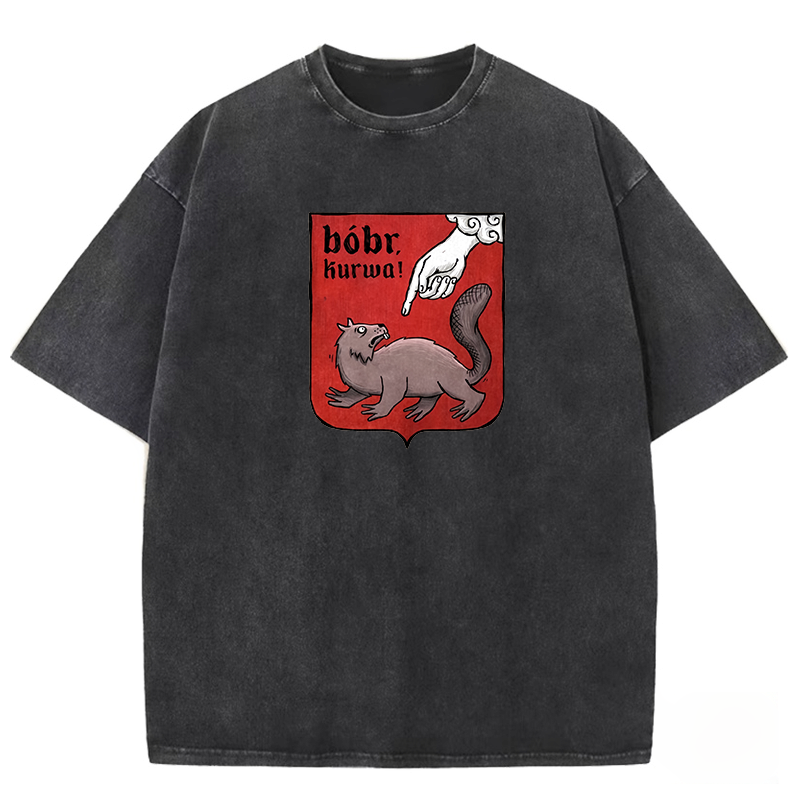 Funny Bobr Kurwa Printed Casual Washed T-shirt