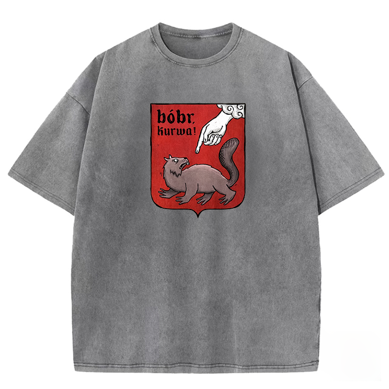 Funny Bobr Kurwa Printed Casual Washed T-shirt