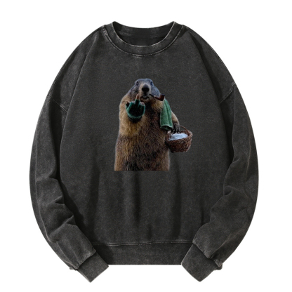 Groundhog giving the middle finger Washed Sweatshirt