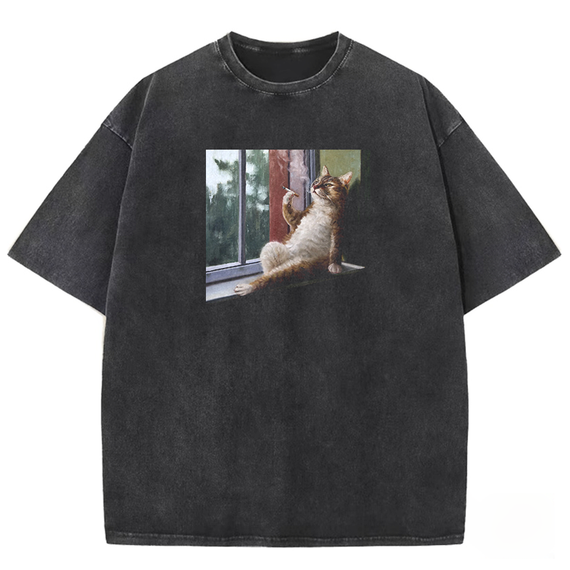 Casual Smoker Cat Washed T-shirt