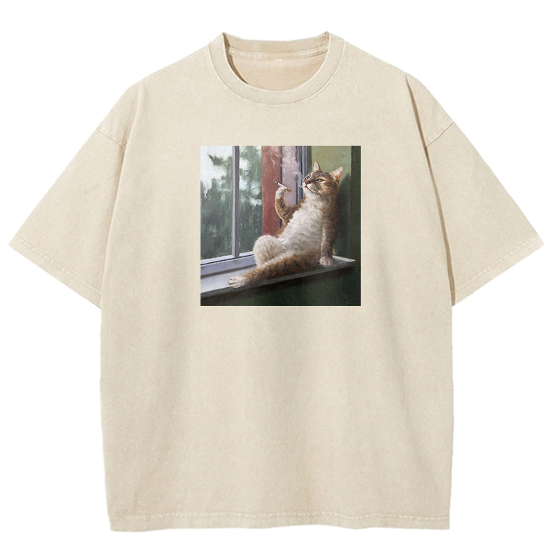 Casual Smoker Cat Washed T-shirt