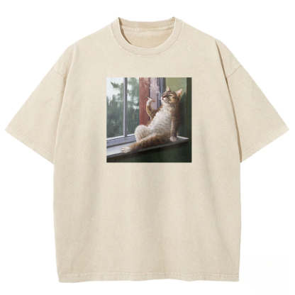 Casual Smoker Cat Washed T-shirt