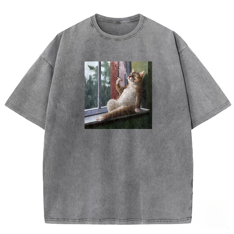 Casual Smoker Cat Washed T-shirt