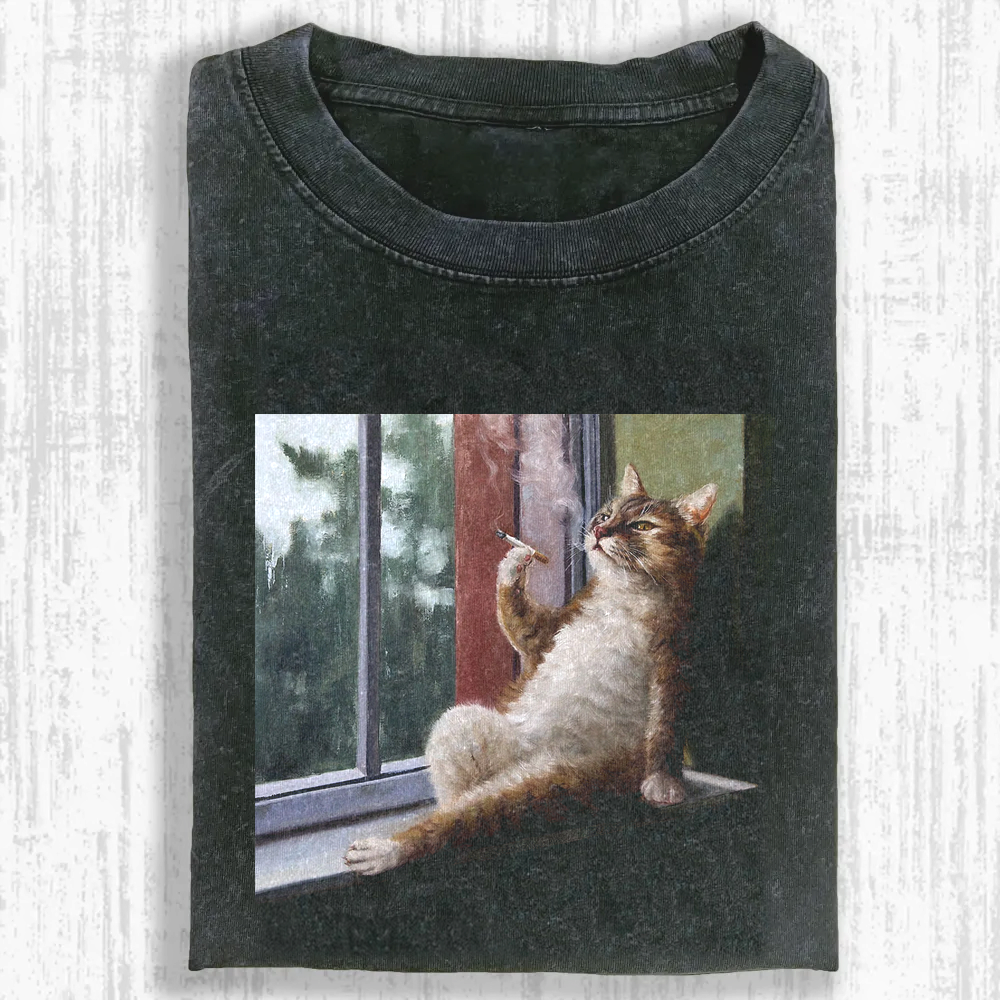 Casual Smoker Cat Washed T-shirt