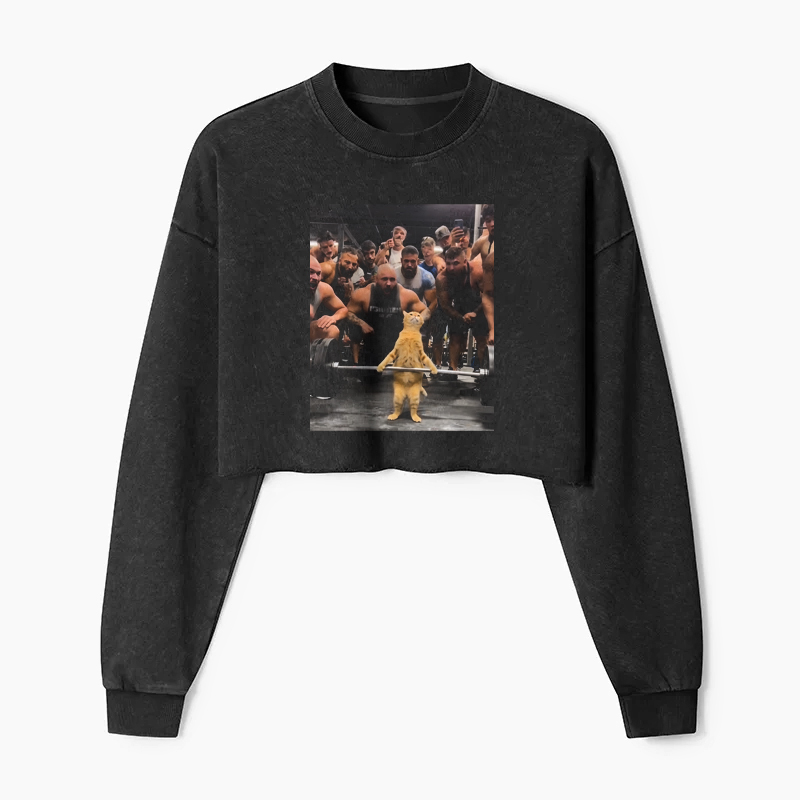 Weightlifting cat Washed Crop Sweatshirt