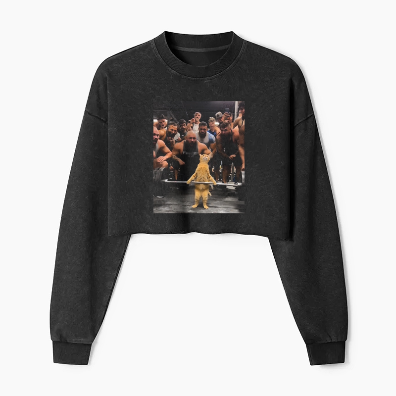 Weightlifting cat Washed Crop Sweatshirt