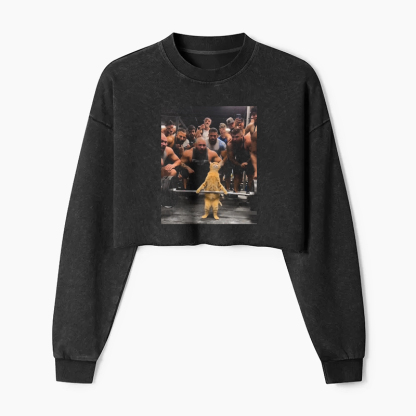 Weightlifting cat Washed Crop Sweatshirt