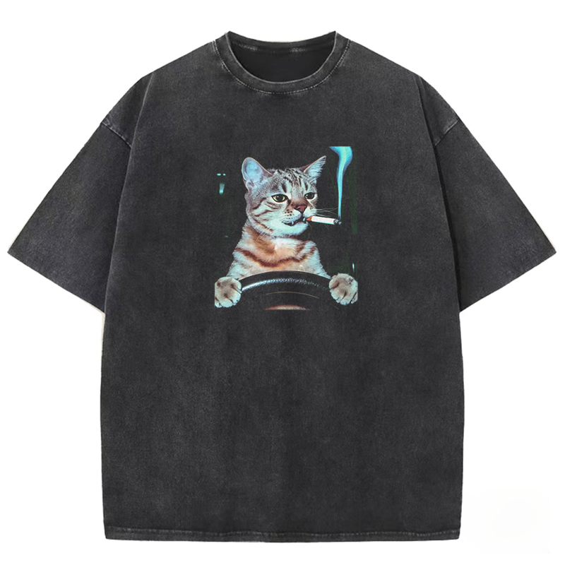 Smoking Cat Washed T-shirt