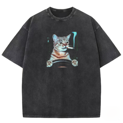 Smoking Cat Washed T-shirt