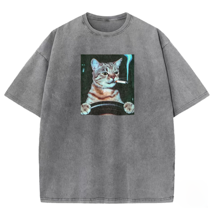 Smoking Cat Washed T-shirt