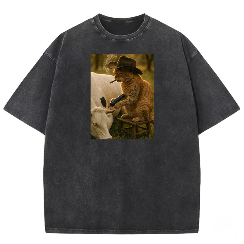 Tattoo Cowboy Cat Washed T-shirt