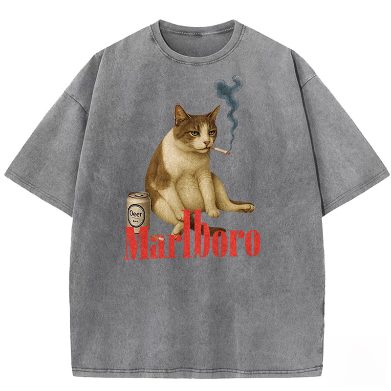 Melancholy Smoking Cat Washed T-shirt