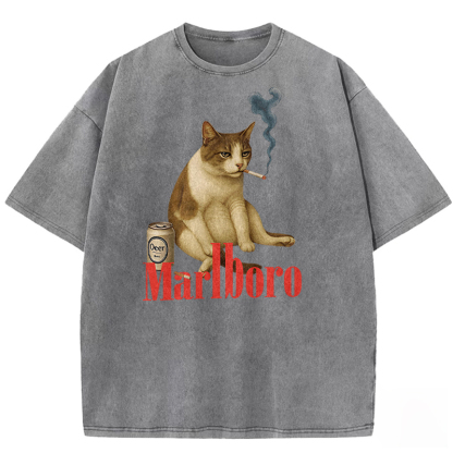 Melancholy Smoking Cat Washed T-shirt