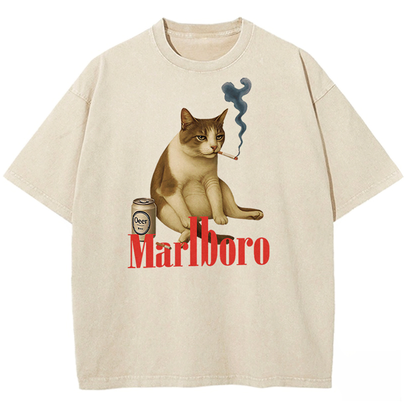 Melancholy Smoking Cat Washed T-shirt