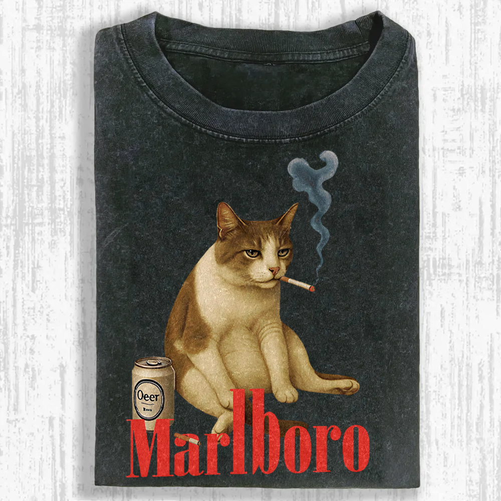 Melancholy Smoking Cat Washed T-shirt