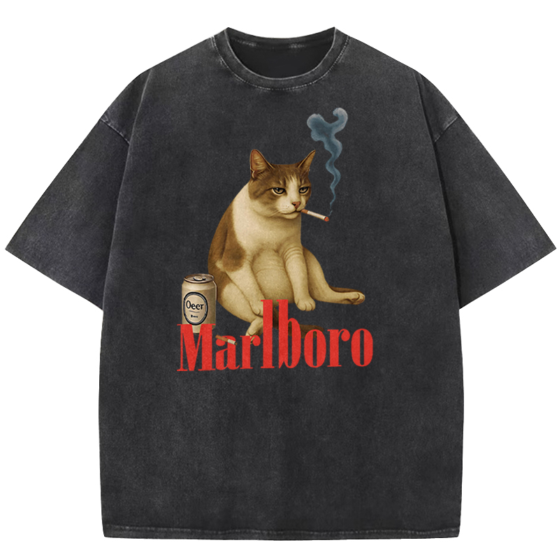 Melancholy Smoking Cat Washed T-shirt