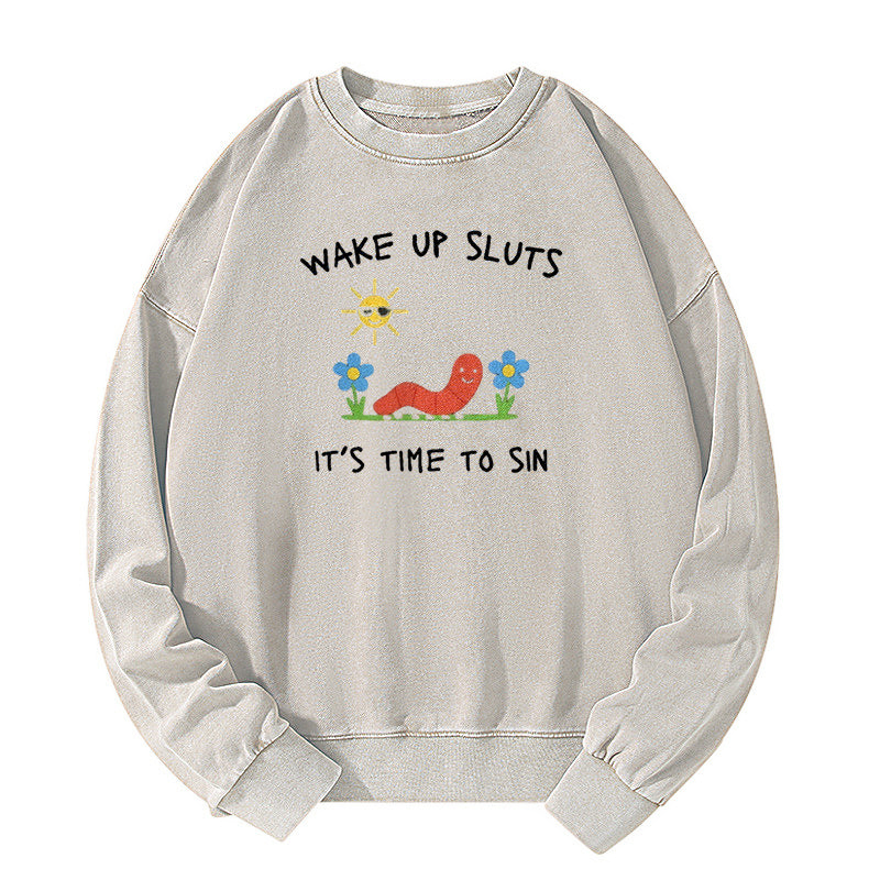 Wake up Cute Children's Drawings Washed Sweatshirt