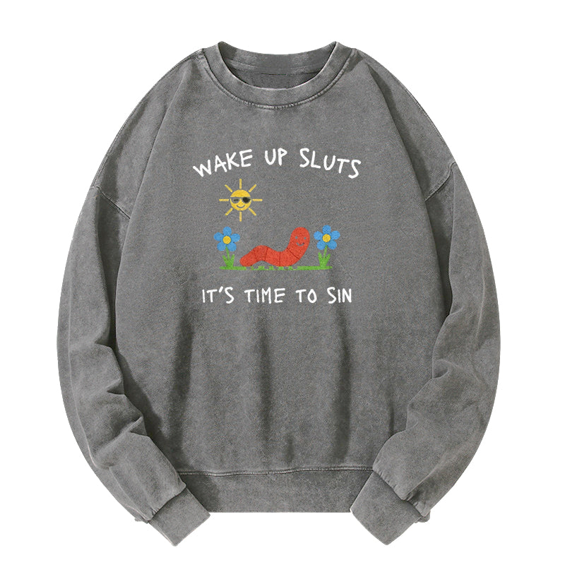 Wake up Cute Children's Drawings Washed Sweatshirt