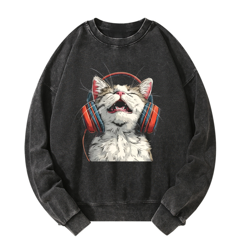 Happy DJ Cat Washed Sweatshirt