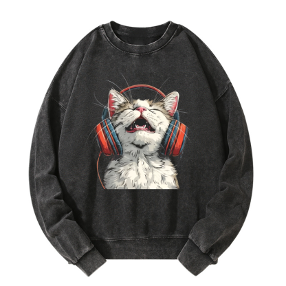 Happy DJ Cat Washed Sweatshirt