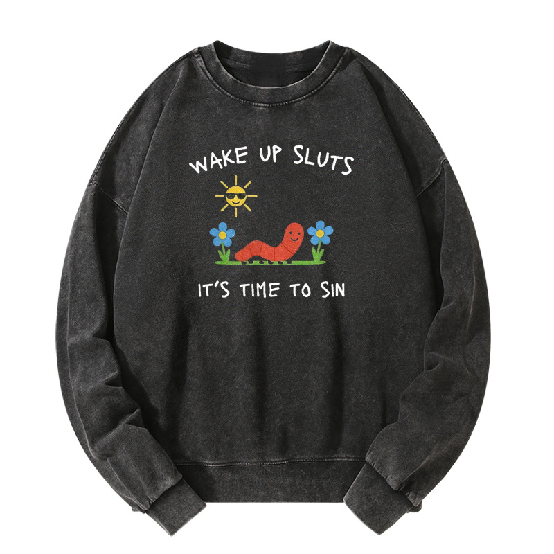 Wake up Cute Children's Drawings Washed Sweatshirt