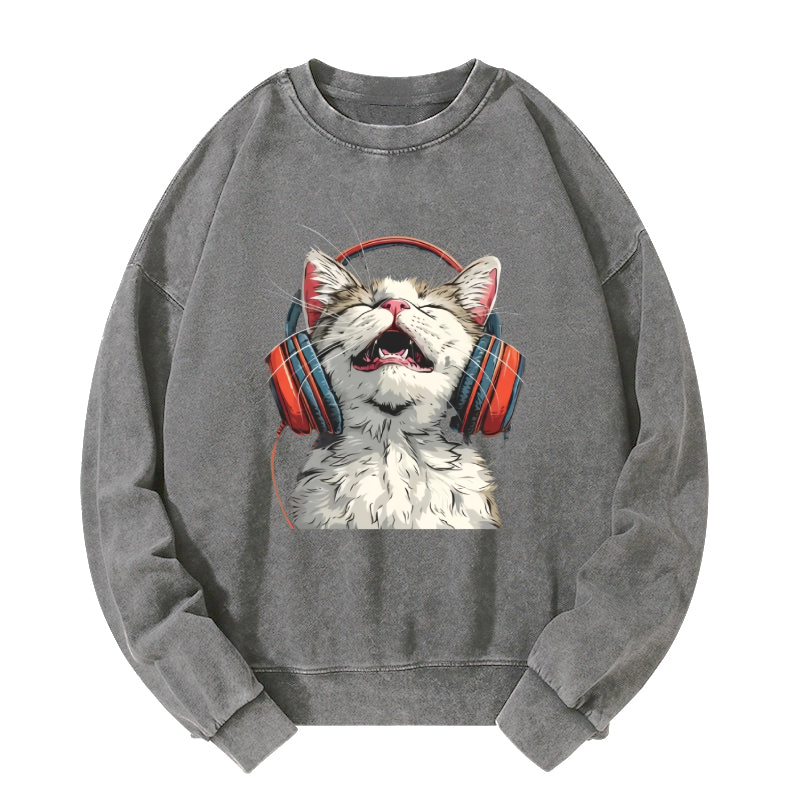 Happy DJ Cat Washed Sweatshirt