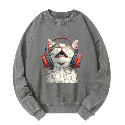 Happy DJ Cat Washed Sweatshirt