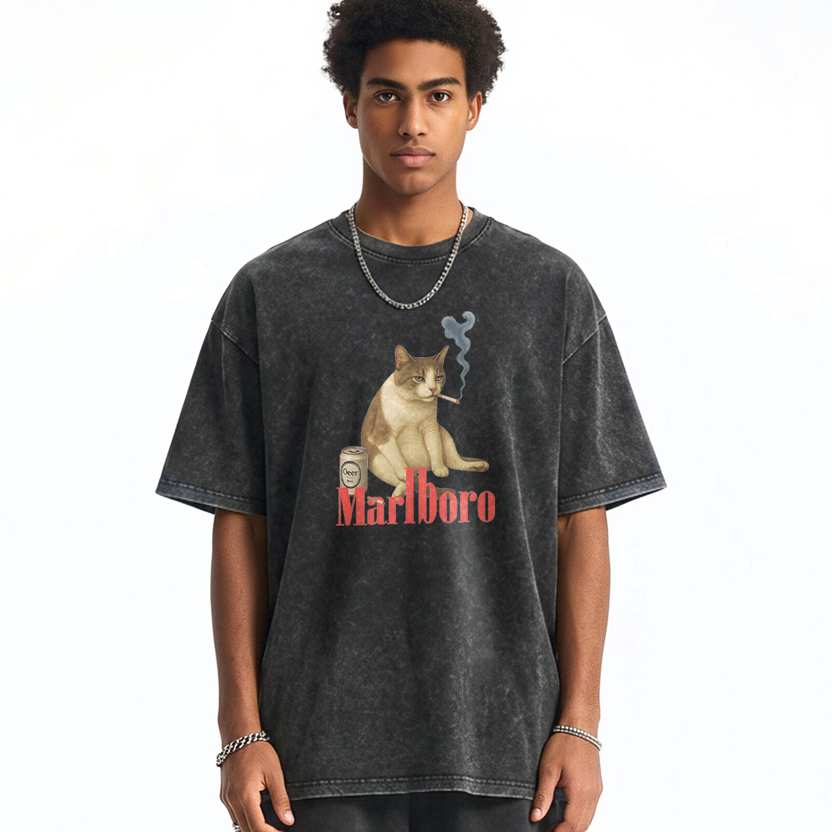 Melancholy Smoking Cat Washed T-shirt