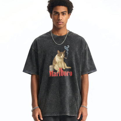 Melancholy Smoking Cat Washed T-shirt